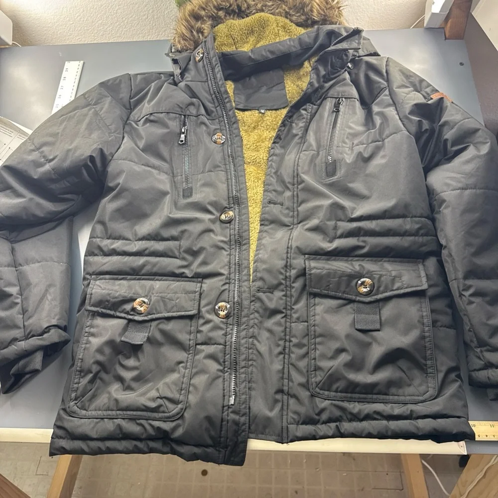 Men's Black Puffer Jacket with Faux Fur Hood Parka D’hiver Jacket - Picture 1 of 11